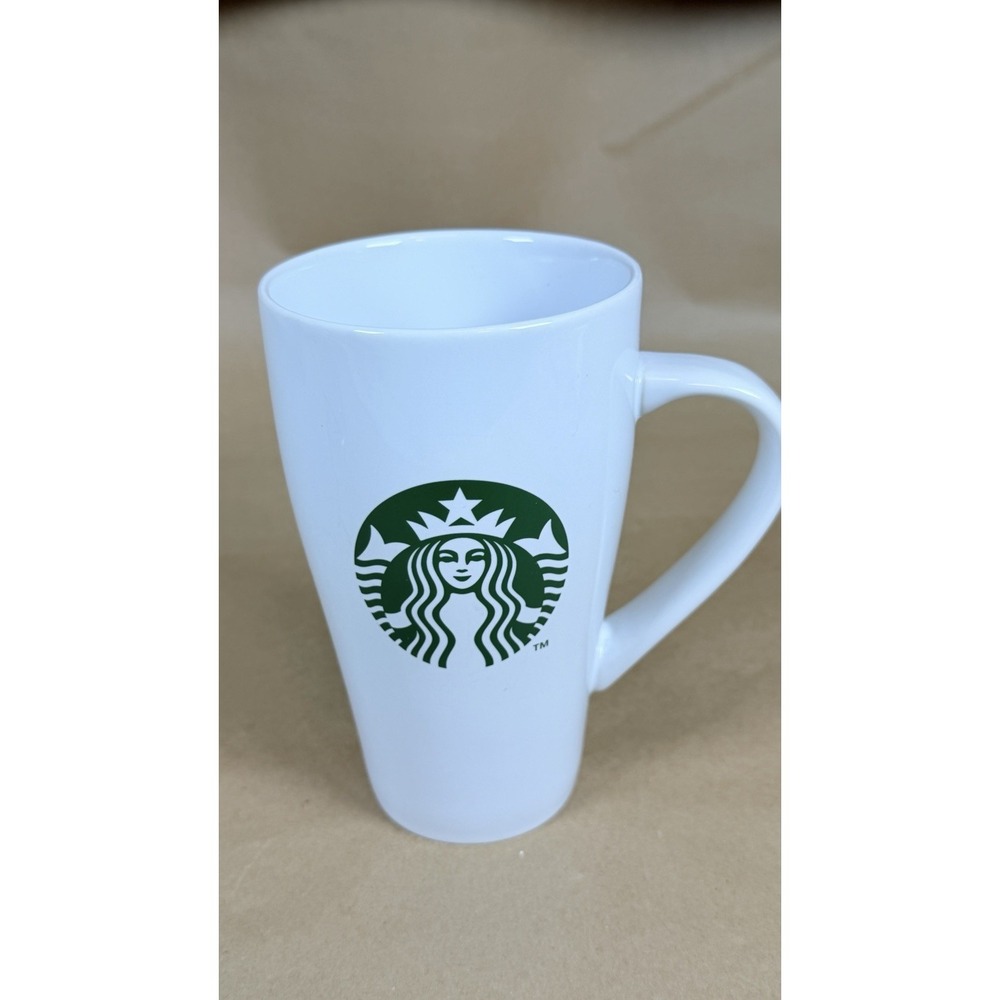 Starbucks White Ceramic Travel Coffee Mug Green Siren Logo Clear Lid Handle